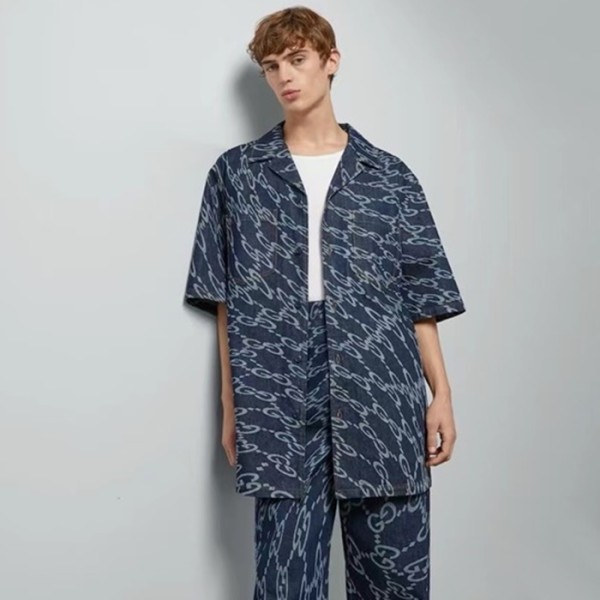 ❤구찌 남성 블루 반팔 셔츠 - Gucci Mens Blue Shirts - guc352x