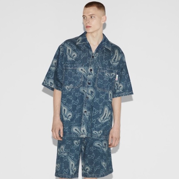 ❤구찌 남성 블루 반팔 셔츠 - Gucci Mens Blue Denim Shirts - guc360x