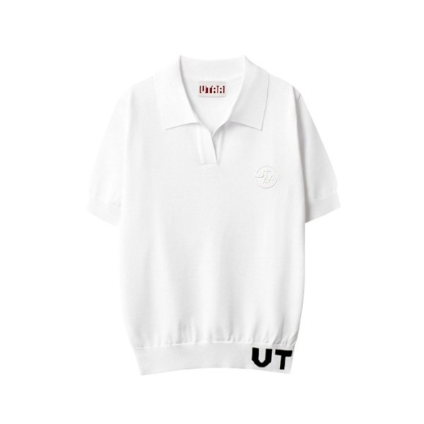 ❤[UTAA] 유타 여성 픽셀 로고 오픈넥 니트 티셔츠 - gol233x