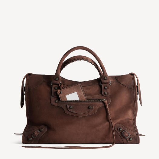 발렌시아가 노윤서 여성 르 시티 백 미디엄 라이트 에스프레소 브라스 장식 스웨이드 카프스킨 소재   Balenciaga Womens Le City Bag Medium