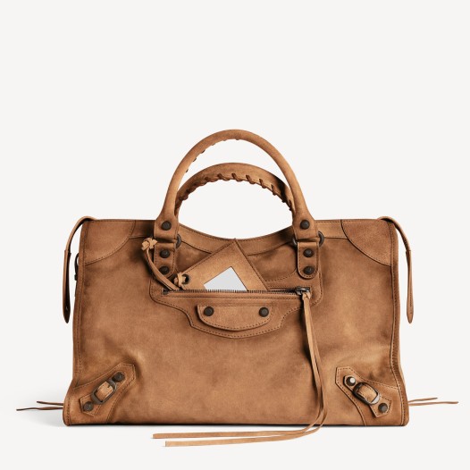 발렌시아가 노윤서 여성 르 시티 백 미디엄 카멜 브라스 장식 스웨이드 카프스킨 소재   Balenciaga Womens Le City Bag Medium