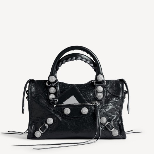 발렌시아가 여성 르 시티 라인스톤 자이언트 스터드 백 스몰 블랙 샤이니 실버 장식 Balenciaga Womens Le City Bag Large