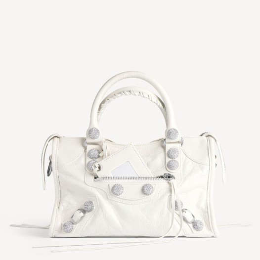 발렌시아가 여성 르 시티 라인스톤 자이언트 스터드 백 스몰 옵틱 화이트 샤이니 실버 장식 Balenciaga Womens Le City Bag Large