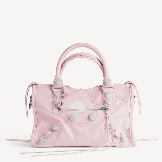 발렌시아가 여성 르 시티 라인스톤 자이언트 스터드 백 스몰 페탈 핑크 샤이니 실버 장식 Balenciaga Womens Le City Bag Large