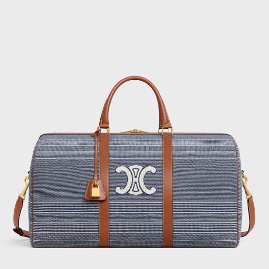 셀린느 라지 보스턴 트래블 백 스트라이프 자카드 텍스타일 & 카프스킨-블루베이지 Celine Unisex Triopé Travel Bag