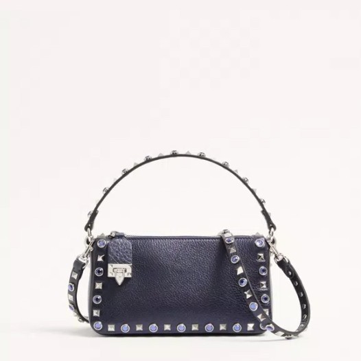 발렌티노 가라바니 스몰 스톤 라미네이트 락스터드 크로스바디 백 카프스킨 네이비 Valentino Womens Small Rockstud Bag