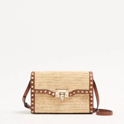 발렌티노 가라바니 락스터드 라피아 스몰 숄더백 내추럴 Valentino Womens Small Rockstud Bag
