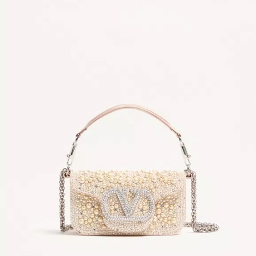 발렌티노 가라바니 로코 펄 라인스톤 주얼 로고 스몰 숄더백 크림 Valentino Womens Garavani Small Loco Bag