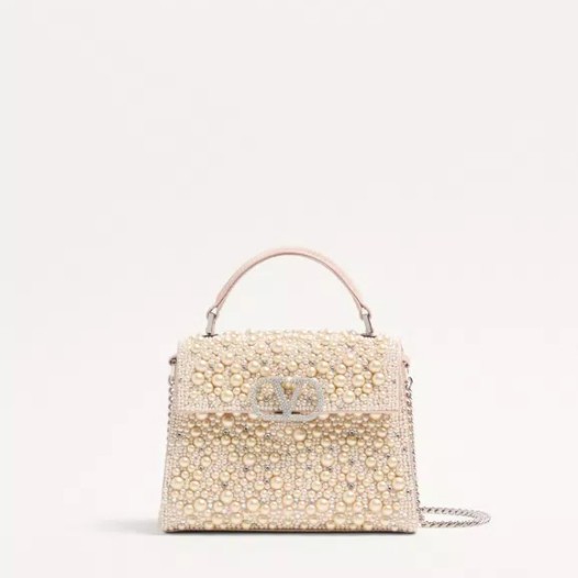 발렌티노 가라바니 브이슬링 펄 라인스톤 주얼 로고 미니 핸드백 크림 Valentino Womens Garavani Bag