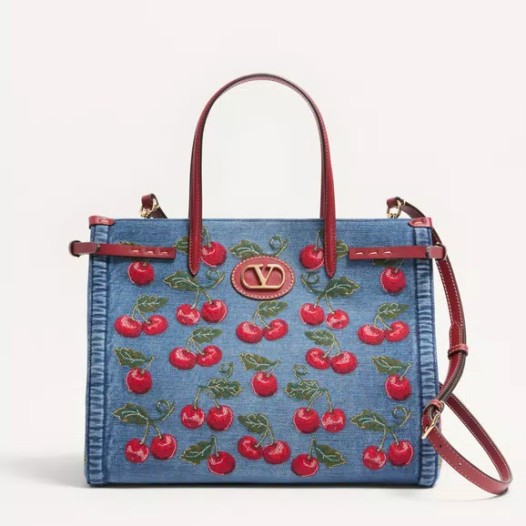 발렌티노 가라바니 앙티브 체리픽 엠브로이더리 미디엄 쇼퍼백 데님 Valentino Womens Garavani Bag