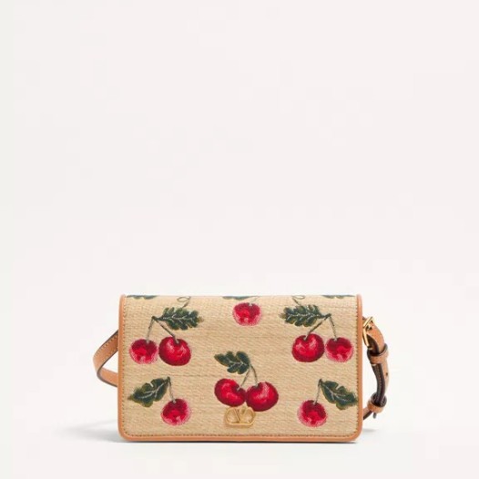 브이로고 시그니처 체리픽 자카드 라피아 미니 숄더백 내추럴 레드 Valentino Womens Garavani Bag