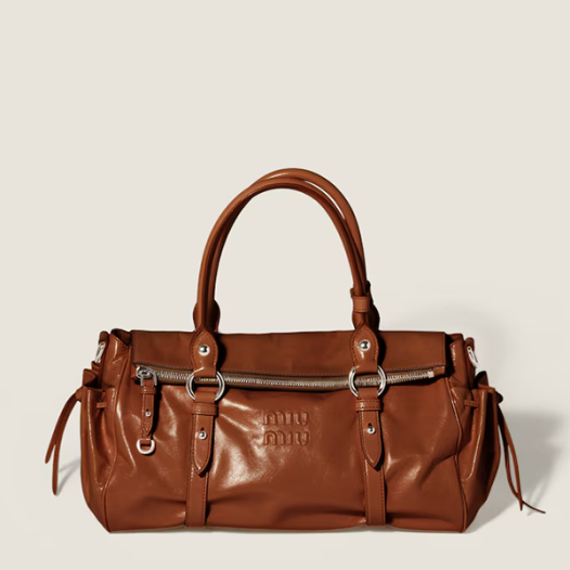 미우미우 샤이니 가죽 핸드백 미디엄 - Miumiu Womens Shiny Leather Handbag-브라운
